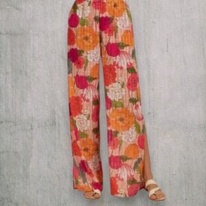 Trina Turk Pink Orange Floral Wide Leg PantsMedium Smocked Chiffon Overlay